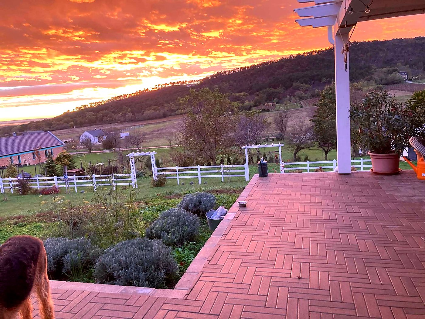 Terasz naplementével, Balatoni panorámával, fehér pergolával